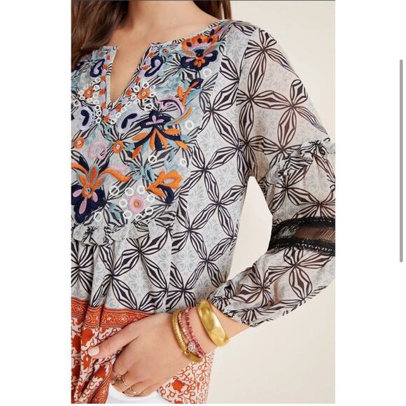 Anthropologie Embroidered Floral Semi Sheer Multicolor Blouse Small - Picture 3 of 15